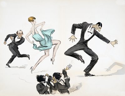 Two men in black tie and woman in bright blue dress dance to two musicians playing jazz on brass instruments, from White Bottoms, pub. 1927 by Sem